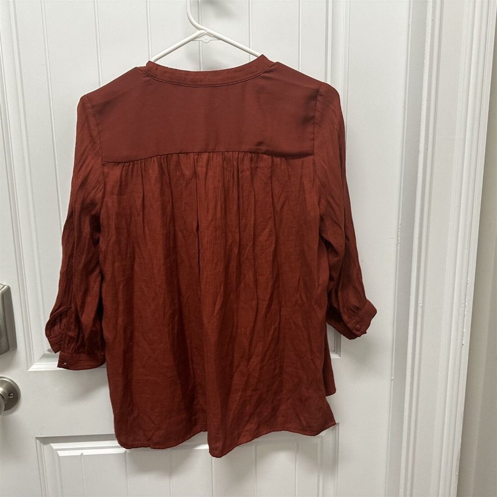 H&M Flowy Button Front Top Gauzy Flowy V Neck Orange Red Rust - Picture 7 of 8